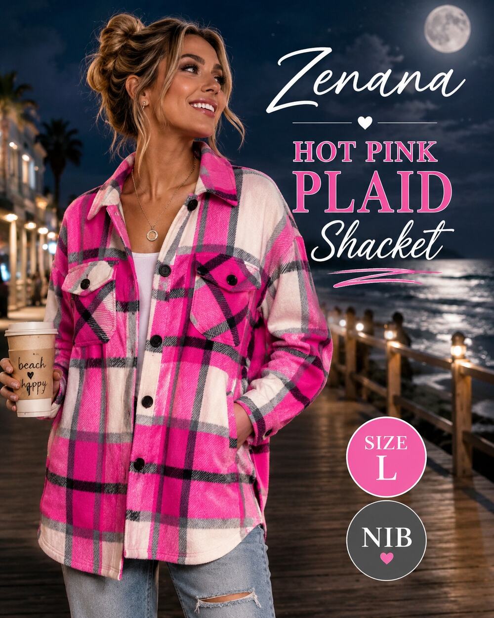 Zenana Hot Pink Plaid Fleece Shacket Jacket Button Front Size L New in Bag